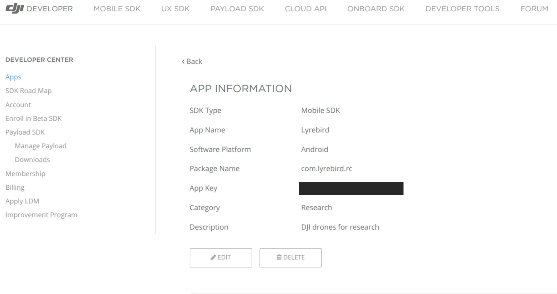 DJI Developer Center app information page, with the App Key hidden